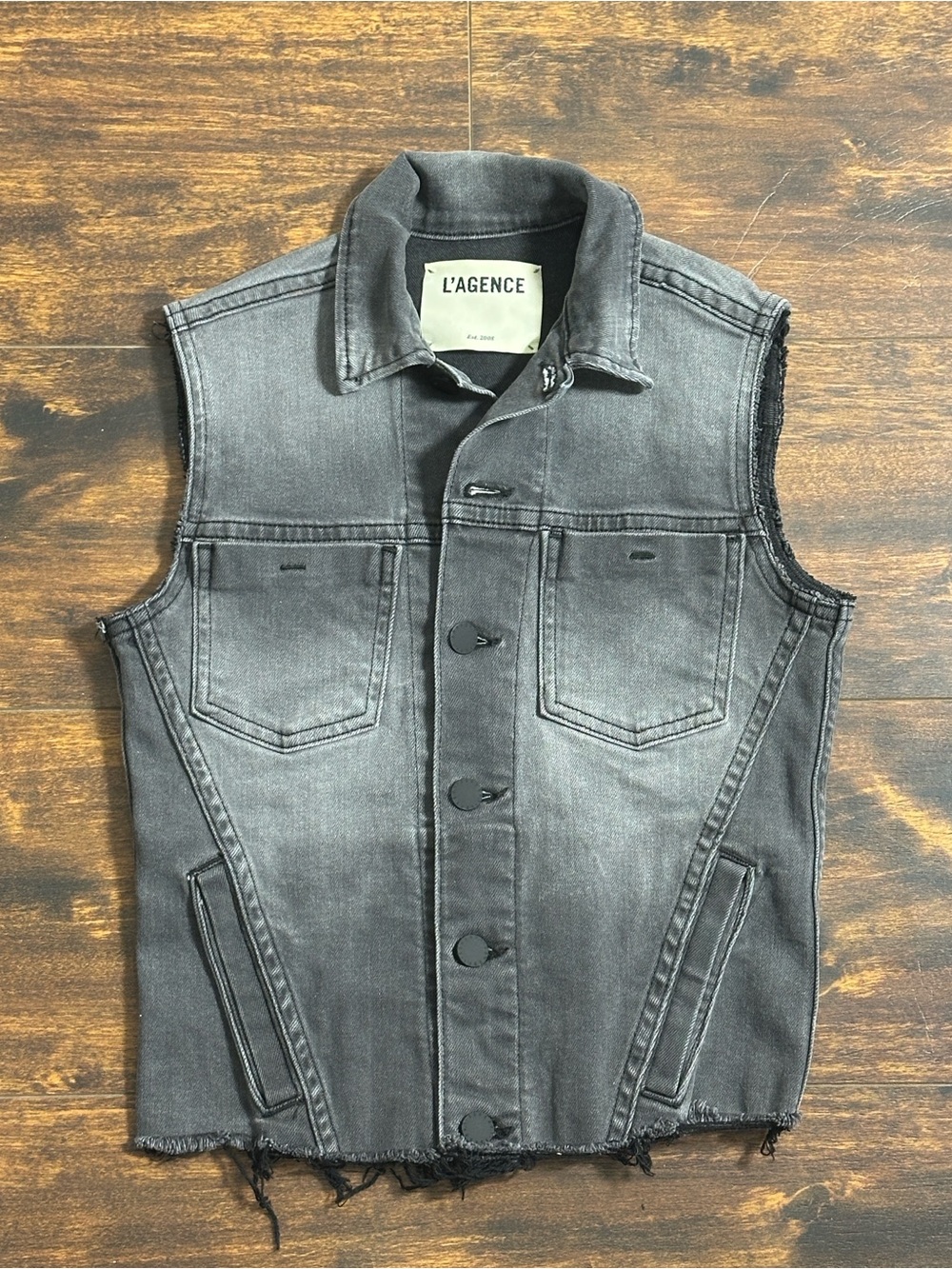 L’AGENCE Janelle Vintage Grey Denim Vest XS Raw Hem 🖤